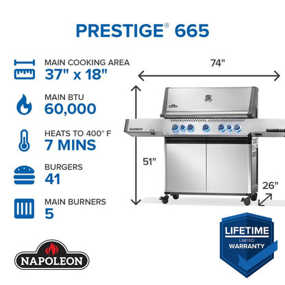 Napoleon Prestige 665 5-Burner Propane Grill w/ Rotisserie & Side Burner - P665VRSIBPSS